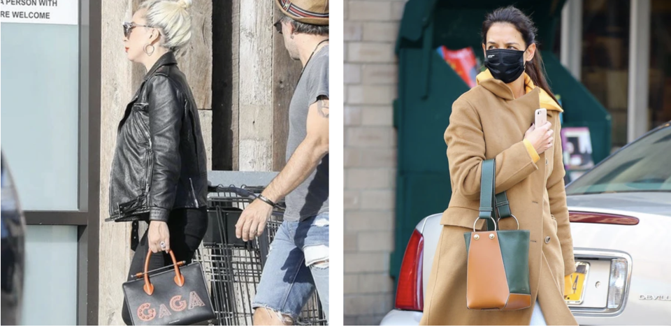 PHOTO: Strathberry. Lady Gaga and Katie Holmes toting Strathberry handbags