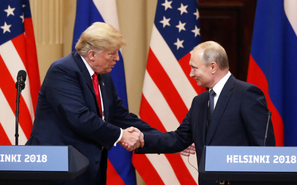 Then-President Donald Trump and Russian President Vladimir Putin  during a joint press conference after their summit on July 16, 2018 in Helsinki, Finland. (Mikhail Svetlov / Getty Images file)