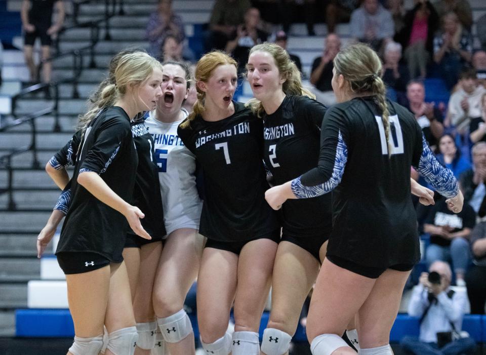 The Wildcats celebrate coming back to tie the score at 23-23 in the first set during the Jacksonville Ridgeview at Booker T. Washington region 1-5A quarterfinal volleyball game at Booker T. Washington High School in Pensacola on Wednesday, Oct. 26, 2022.