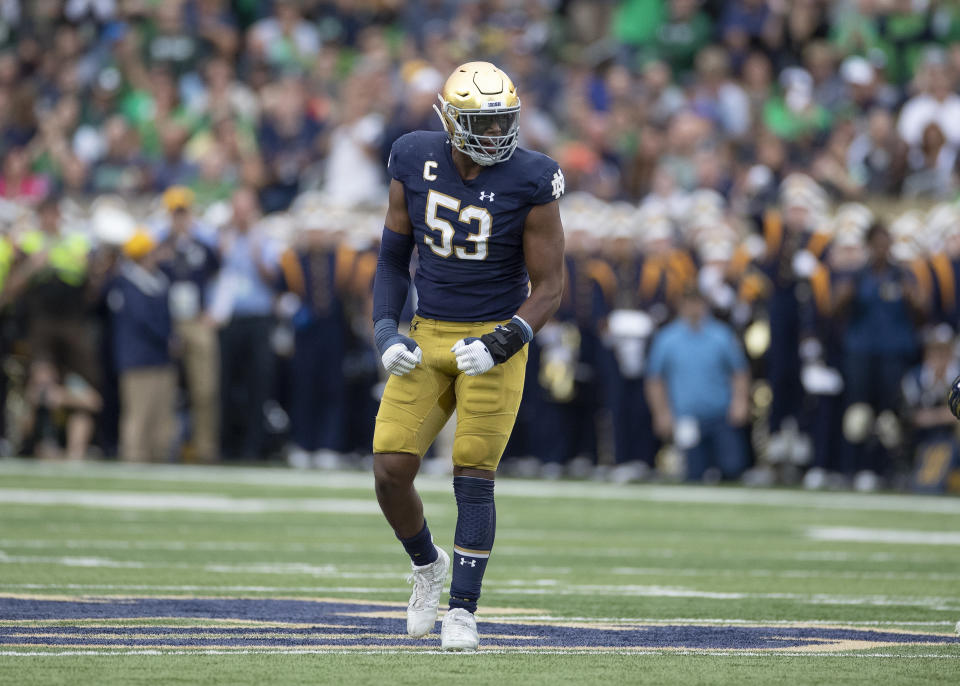 SOUTH BEND, IN - SEPTEMBER 28: Notre Dame Fighting Irish defensive lineman Khalid Kareem (53) celebrates after a play in action during a game between the Notre Dame Fighting Irish and the Virginia Cavaliers on September 28, 2019 at Notre Dame Stadium in South Bend, IN. (Photo by Robin Alam/Icon Sportswire via Getty Images)