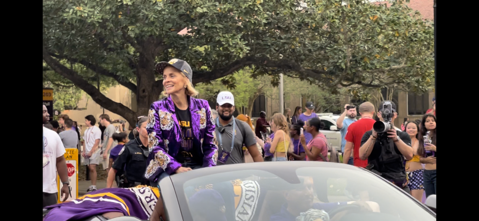 Two seasons after leaving Baylor, Kim Mulkey — greeting fans during the championship parade in Baton Rouge on Wednesday — captured a fourth national title.