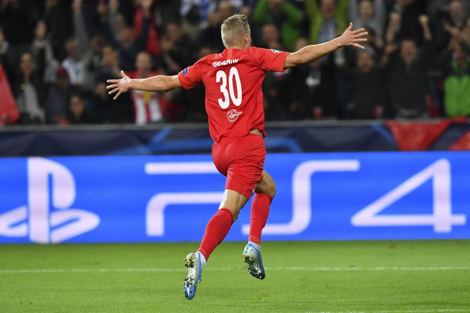 FC Red Bull Salzburg Erling Braut Haland celebrates his second goal against KRC Genk during the Champions League Group E against in Salzburg, Austria, Tuesday, Sept. 17, 2019. (AP Photo/Kerstin Joensson)