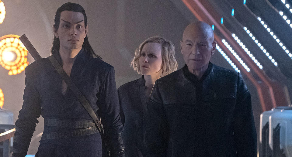 Elnor (Evan Evagora), Agnes Jurati (Alison Pill), and Jean-Luc Picard in <i>Star Trek: Picard</i>. (Amazon Prime Video)