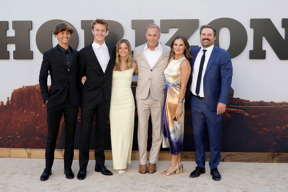 Hayes Logan Costner, Cayden Wyatt Costner, Grace Avery Costner, Kevin Costner, Annie Costner, and guest attend the US Premiere of 