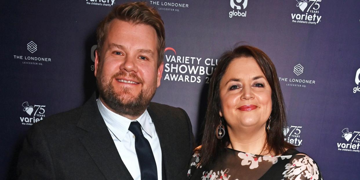 james corden with his award for outstanding global achievements in broadcasting, acting and comedy standing with ruth jones at the variety club awards