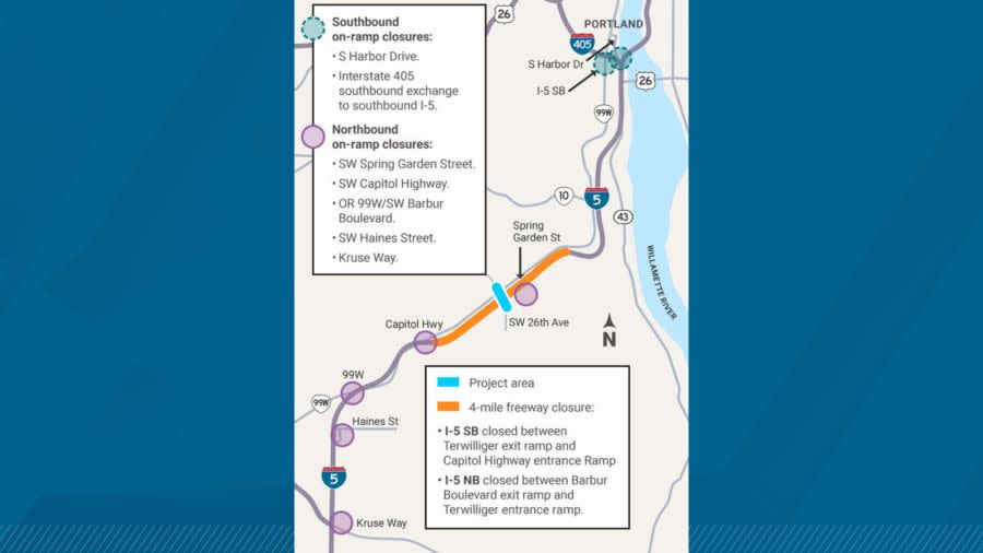 <em>Four miles of Interstate 5 will be closed for several days in late June (ODOT)</em>