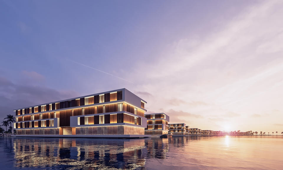 Identical, pre-assembled, buoyant luxury hotels will float to Qatar, beginning in 2021. Renderings and photos provided by: Admares.