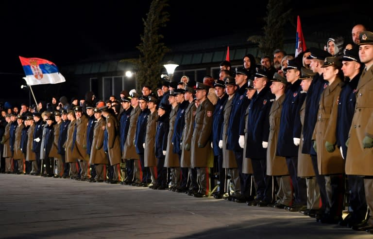 Serbian police officers and soldiers were part of the arrival ceremony for Russian President Vladimir Putin