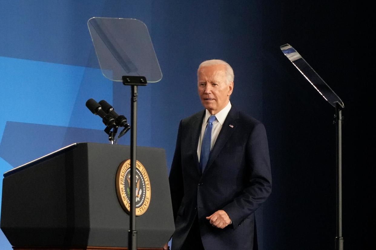 <span>Joe Biden arrives to speak at the Nato summit in Washington DC on Thursday.</span><span>Photograph: Jacquelyn Martin/AP</span>