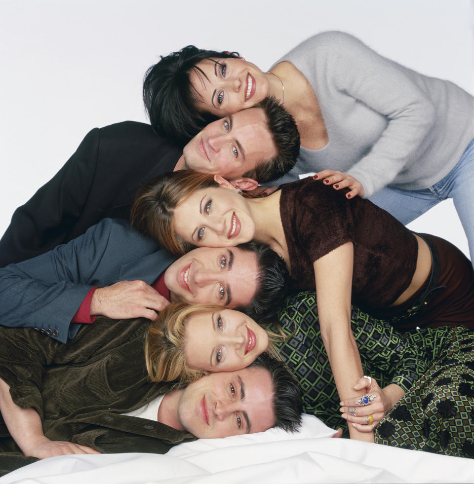 FRIENDS -- Pictured: (top to bottom) Courteney Cox Arquette as Monica Geller, Matthew Perry as Chandler Bing, Jennifer Aniston as Rachel Green, David Schwimmer as Ross Geller, Lisa Kudrow as Phoebe Buffay, Matt LeBlanc as Joey Tribbiani  (Photo by NBCU Photo Bank/NBCUniversal via Getty Images via Getty Images)