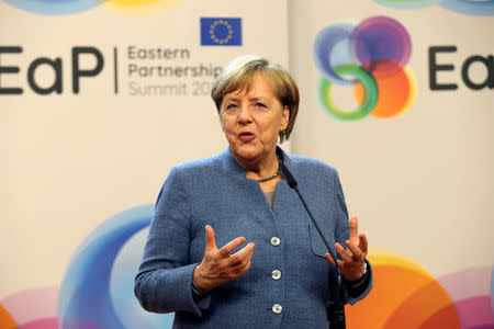 German Chancellor Angela Merkel holds a news conference after a Eastern Partnership summit at the European Council Headquarters in Brussels, Belgium, November 24, 2017. REUTERS/Eric Vidal