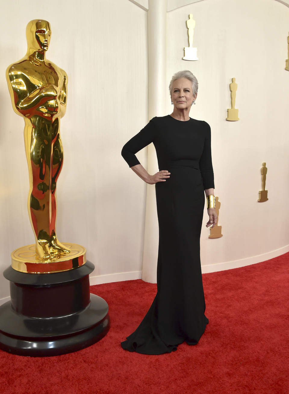 Jamie Lee Curtis arrives at the Oscars on Sunday, March 10, 2024, at the Dolby Theatre in Los Angeles. (Photo by Richard Shotwell/Invision/AP)