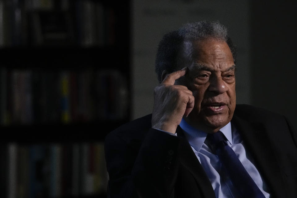 Civil Rights activist Andrew Young speaks during an interview on Wednesday, Aug. 16, 2023, in Atlanta. “If there is a place where we can learn to live together as brothers and sisters, rather than perish together as fools, it’s the United States of America,” he says. (AP Photo/Brynn Anderson)