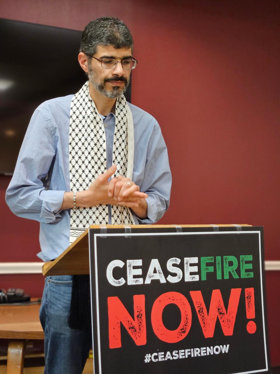 Palestine native Ahmed Arafat speaking May 18, 2024, at the Beaver Area Memorial Library urging a ceasefire in the Gaza conflict.