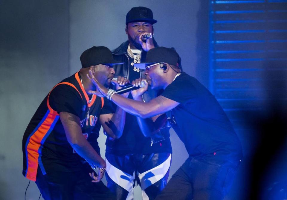 Curtis “50 Cent” Jackson, center, performs “What Up Gangsta” with members of G-Unit on his The Final Lap Tour, featuring Busta Rhymes and Jeremih, at Golden 1 Center on Monday, Sept. 4, 2023, in Sacramento. Xavier Mascareñas/xmascarenas@sacbee.com