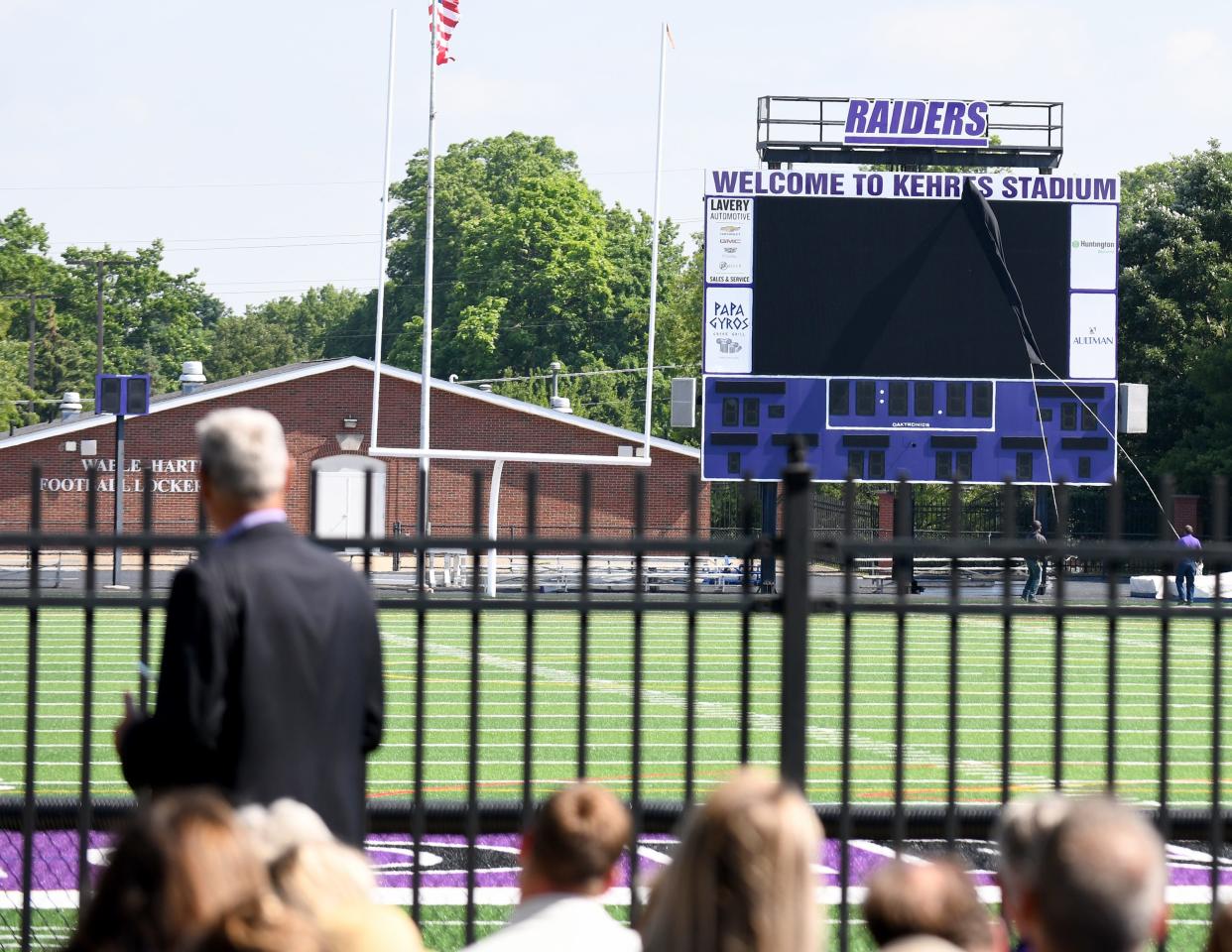 Larry Kehres looks on for the unveiling of the scoreboard during the Dedication of Kehres Stadium on the campus of University of Mount Union.  Saturday, June 10, 2022