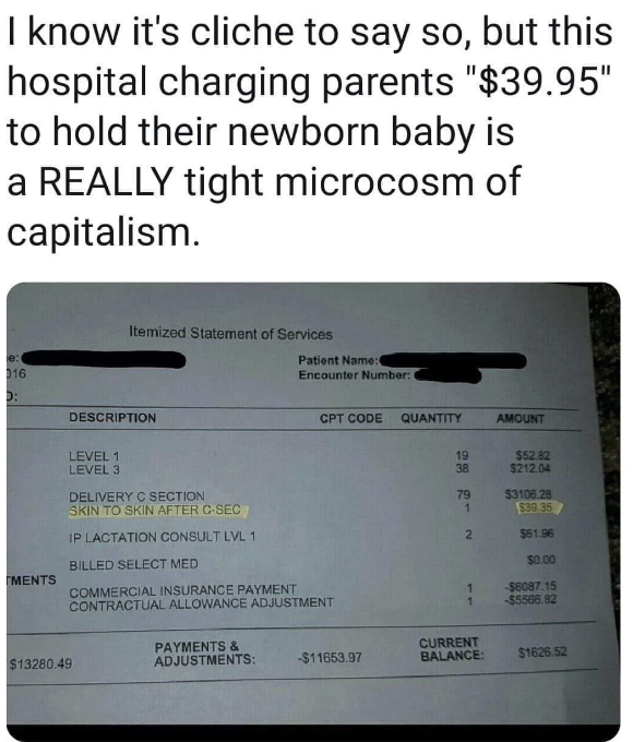 A hospital bill shows a charge of $39.95 for holding a newborn baby. The image criticizes this as an example of extreme capitalism