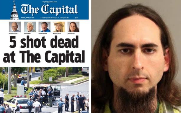 Left, the Friday edition of the Capital Gazette. Right, the suspect Jarrod W. Ramos