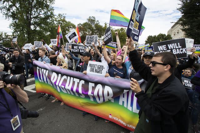 <p>Manuel Balce Ceneta/AP Photo</p> Supporters of LGBTQ+ rights stage a protest in front of the U.S. Supreme Court on Oct. 8, 2019