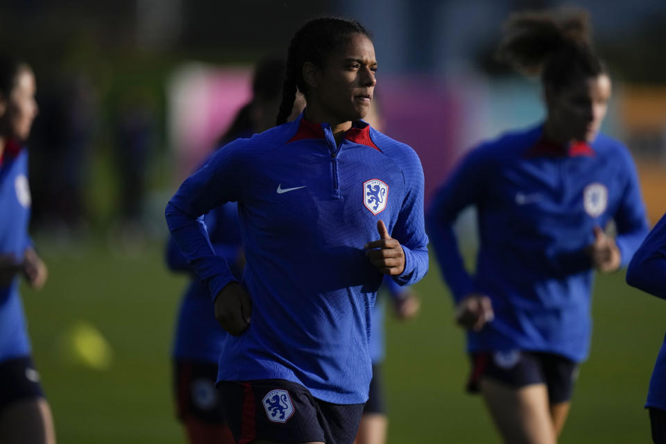 Netherlands' Esmee Brugts warms up during a training session ahead of the Women's World Cup Group E soccer match between Vietnam and Netherlands in Dunedin, New Zealand, Monday, July 31, 2023. (AP Photo/Alessandra Tarantino)