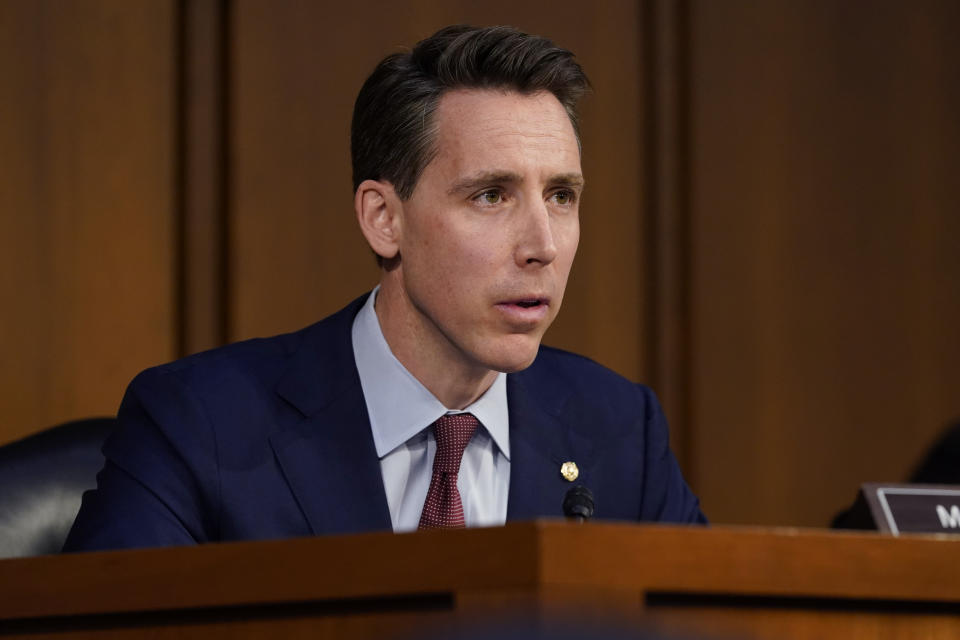 Sen. Josh Hawley, R-Mo., speaks during the confirmation hearing for Supreme Court nominee Judge Ketanji Brown Jackson before the Senate Judiciary Committee Monday, March 21, 2022, on Capitol Hill in Washington. (AP Photo/Jacquelyn Martin)