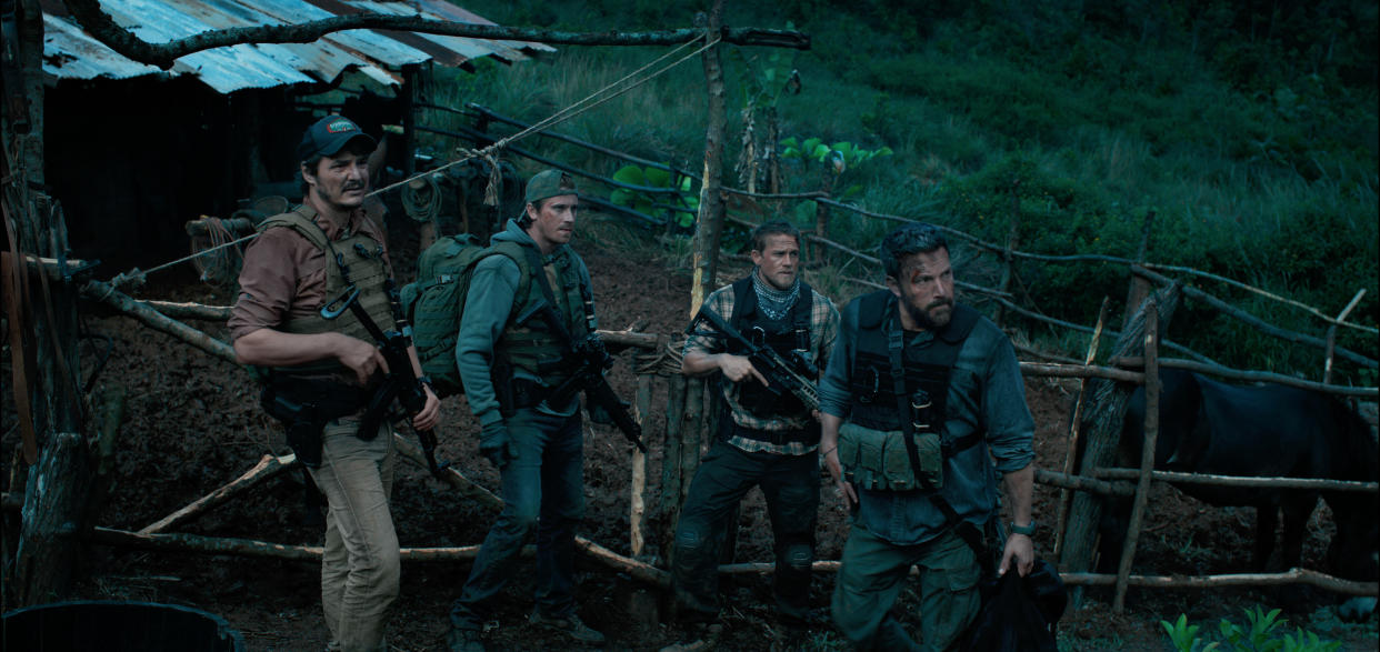 (Left to right): Pedro Pascal, Garrett Hedlund, Charlie Hunnam, and Ben Affleck in “Triple Frontier”. (Photo Courtesy of Netflix)