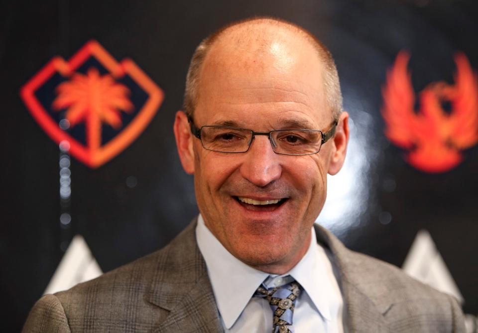 Coachella Valley head coach Dan Bylsma smiles while talking to members of the media after winning game five of the Pacific Division finals at Acrisure Arena in Palm Desert, Calif., Friday, May 19, 2023. 