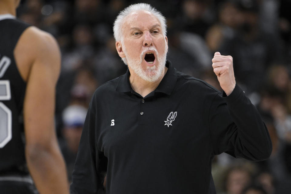 FILE - San Antonio Spurs head coach Gregg Popovich yells at an official during the first half of an NBA basketball game against the New York Knicks, Dec. 29, 2022, in San Antonio. Popovich was announced Friday, Feb. 17, 2023, as being among the finalists for enshrinement later this year by the Basketball Hall of Fame. The class will be revealed on April 1. (AP Photo/Darren Abate, File)