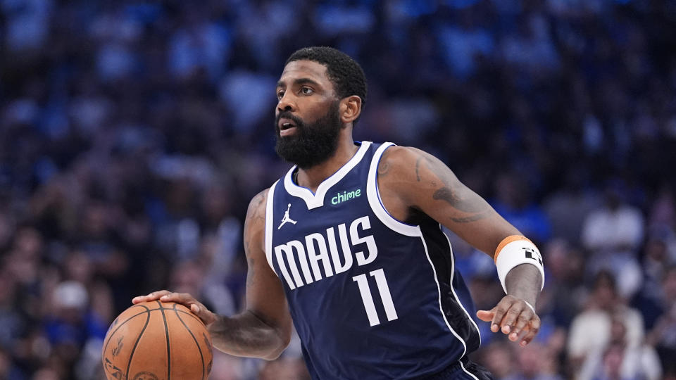 Dallas Mavericks guard Kyrie Irving (11) during the second half of Game 3 of the NBA Western Conference Finals against the Minnesota Timberwolves, Sunday, May 26, 2024, in Dallas.  (AP Photo/Julio Cortez)