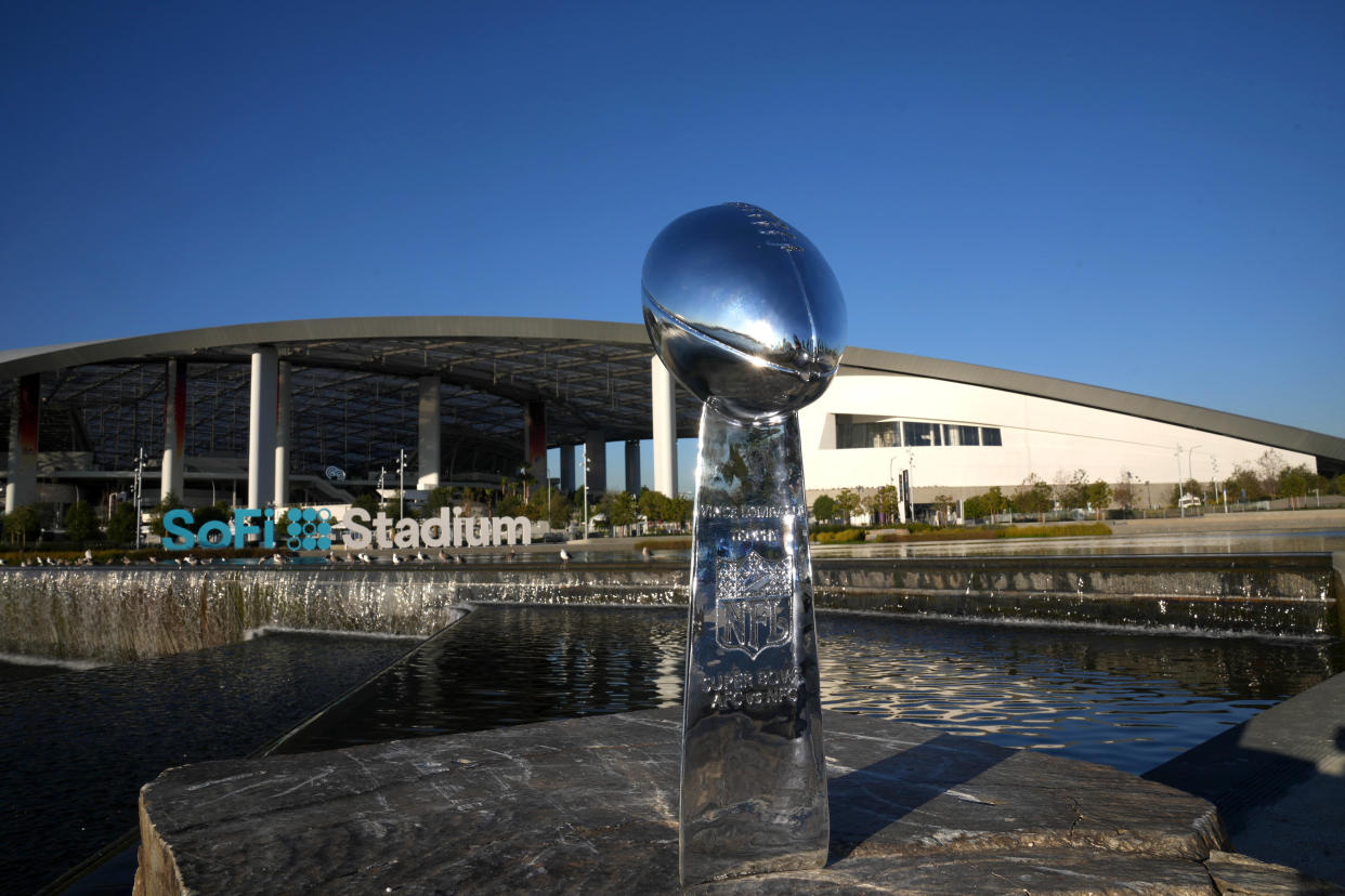 Jan 24, 2022; Inglewood CA, USA; A Vince Lombardi trophy is seen at SoFi Stadium. SoFi Stadium will play host to Super Bowl LVI on Feb. 13. Mandatory Credit: Kirby Lee-USA TODAY Sports