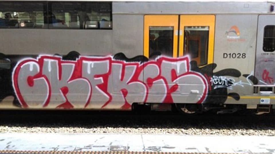 Social media videos and images show the daredevils tagging moving trains. Source: NSW Police Media