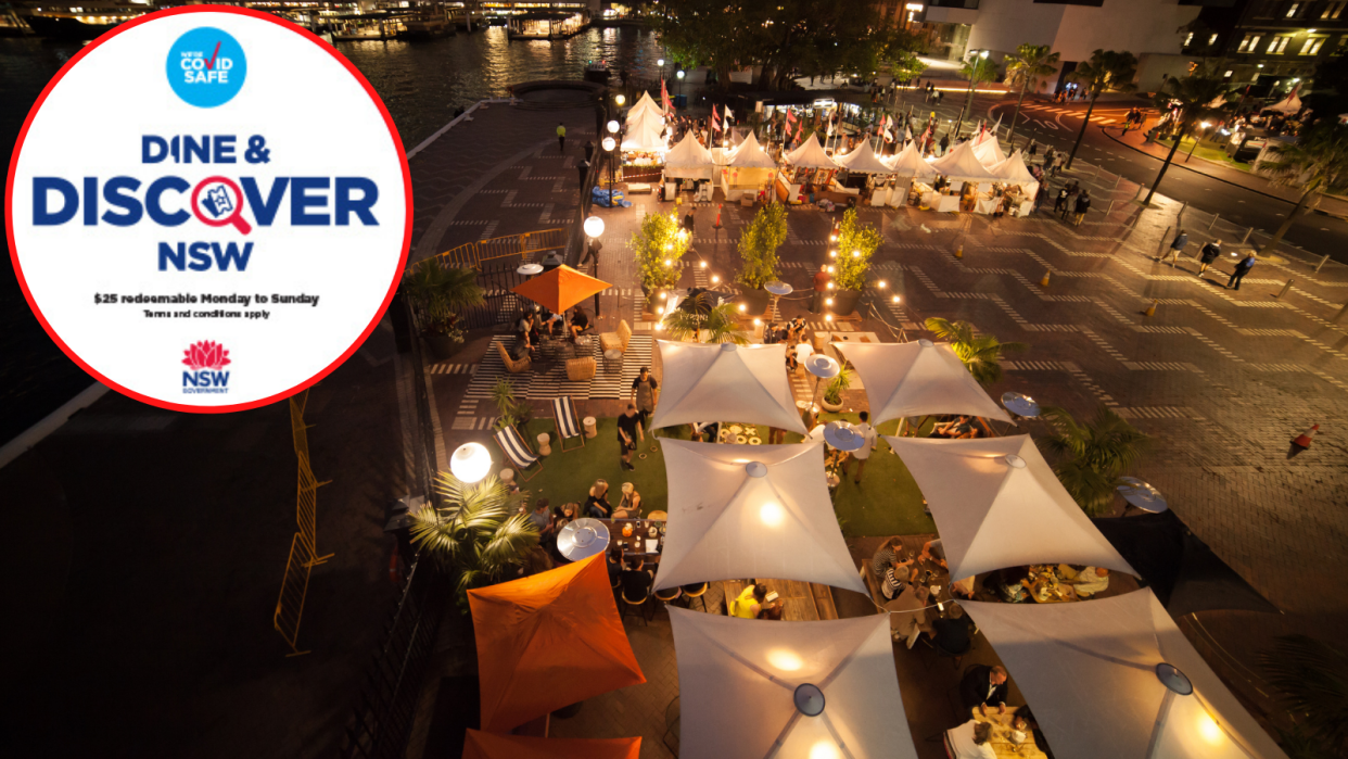 Alfresco dining in Sydney and the NSW Dine & Discover logo.