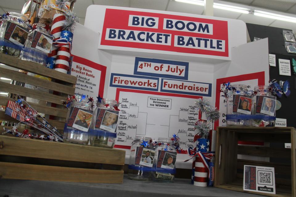 Donation jars for the 2022 Big Boom Bracket Battle's Explosive 8 on display at Ben's Five and Dime.