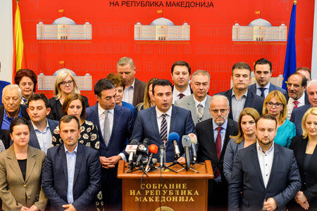 Prime Minister Zoran Zaev talk to the media after the Macedonian parliament passed constitutional changes to allow the Balkan country to change its name to the Republic of North Macedonia, in Skopje, Macedonia, October 19, 2018 .REUTERS/ Tomislav Georgiev