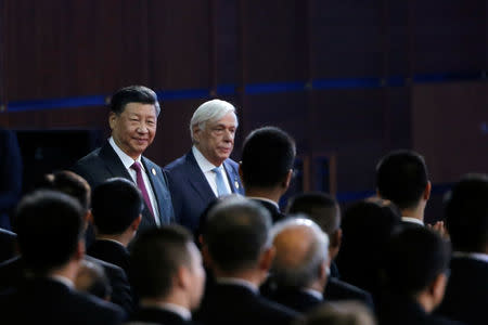 Chinese President Xi Jinping and Greek President Prokopis Pavlopoulos attend the Conference on Dialogue of Asian Civilizations in Beijing, China May 15, 2019. REUTERS/Thomas Peter