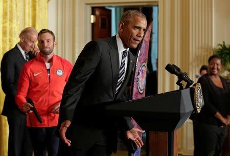 U.S. President Barack Obama welcomes U.S. Olympic and Paralympics teams at the White House in Washington, U.S., September 29, 2016. REUTERS/Yuri Gripas