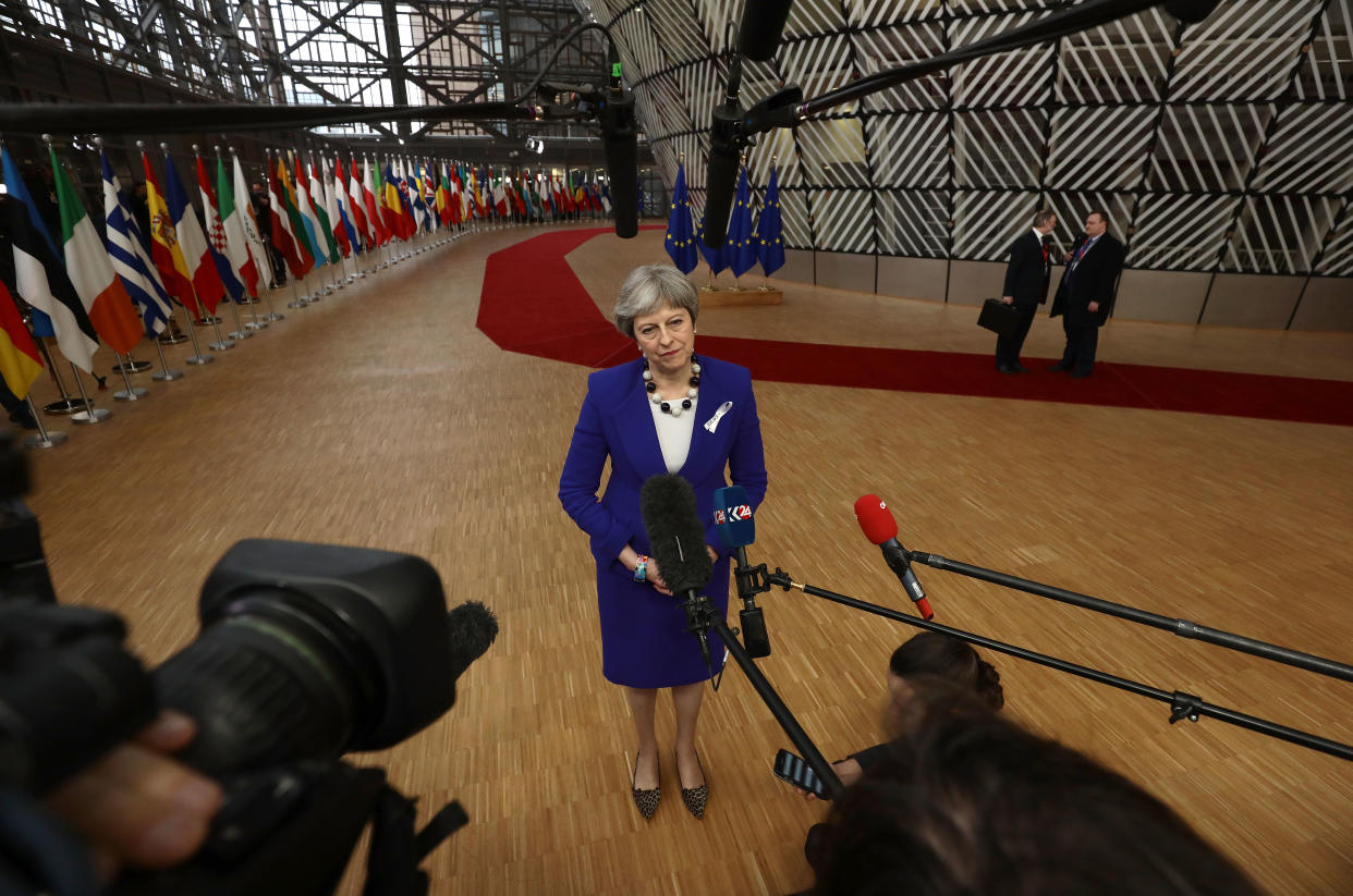 Theresa May arrives at the EU Council summit in Brussels (Getty)