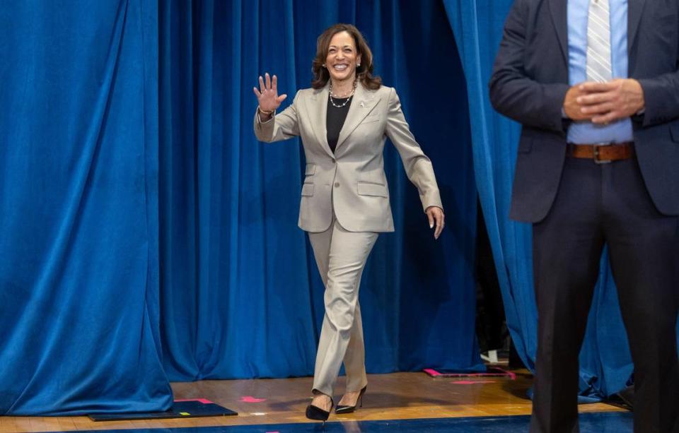 Vice President Kamala Harris arrives for a rally during a campaign stop at Westover High School on Thursday, July 18, 2024 in Fayetteville, N.C.