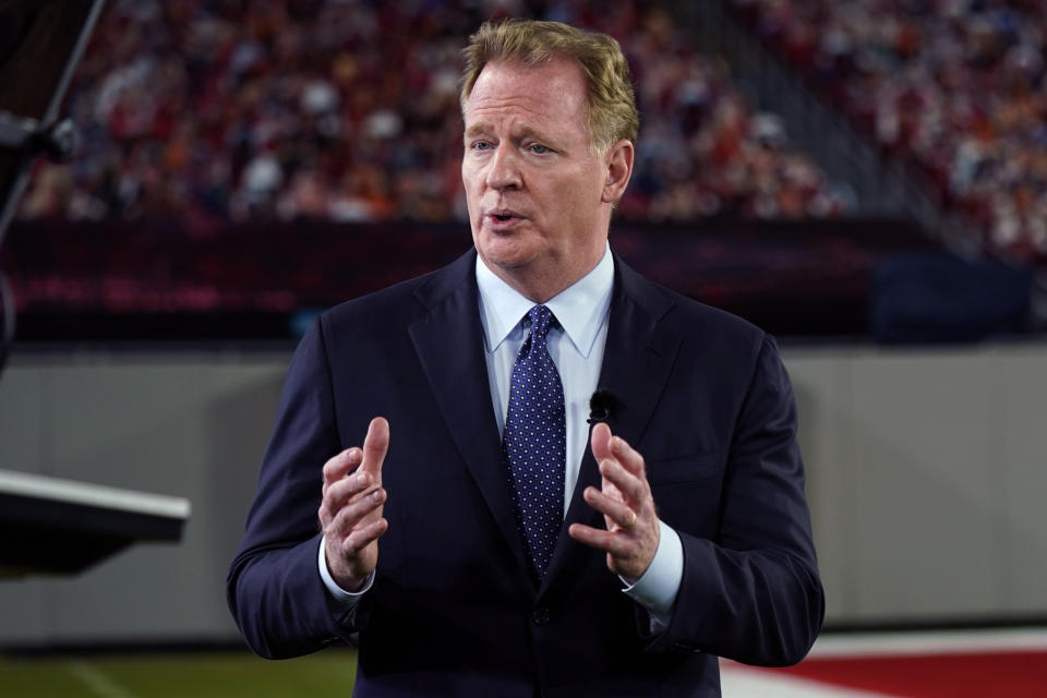 NFL commissioner Roger Goodell will announce picks for the 2021 NFL draft on April 29 in Cleveland, with fans in attendance. (AP Photo/Charlie Riedel, File)