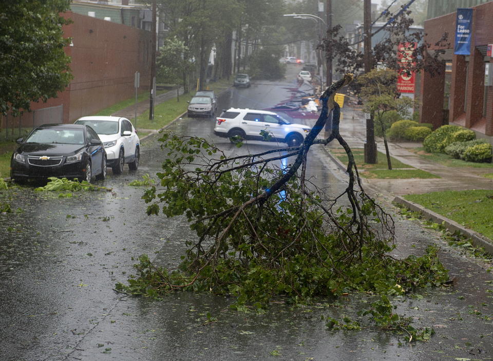 Tree branches block a street in Halifax, Nova Scotia as Hurricane Dorian approaches on Saturday, Sept. 7, 2019.  Weather forecasters say Hurricane Dorian is picking up strength as it approaches Canada(Andrew Vaughan/The Canadian Press via AP)