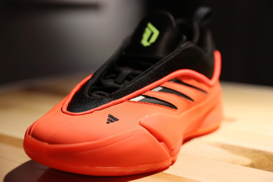 INDIANAPOLIS, INDIANA - FEBRUARY 16: A shoe on display during the Future Of adidas Basketball Mixer at adidas Hospitality Lounge on February 16, 2024 in Indianapolis, Indiana. (Photo by Mat Hayward/Getty Images for adidas Basketball)