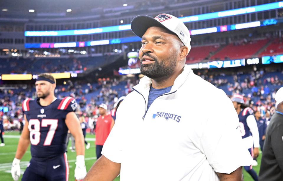 Aug 8, 2024; Foxborough, Massachusetts, USA; New England Patriots head coach Jerod Mayo walks off of the field after a game against the Carolina Panthers at Gillette Stadium. Mandatory Credit: Brian Fluharty-USA TODAY Sports