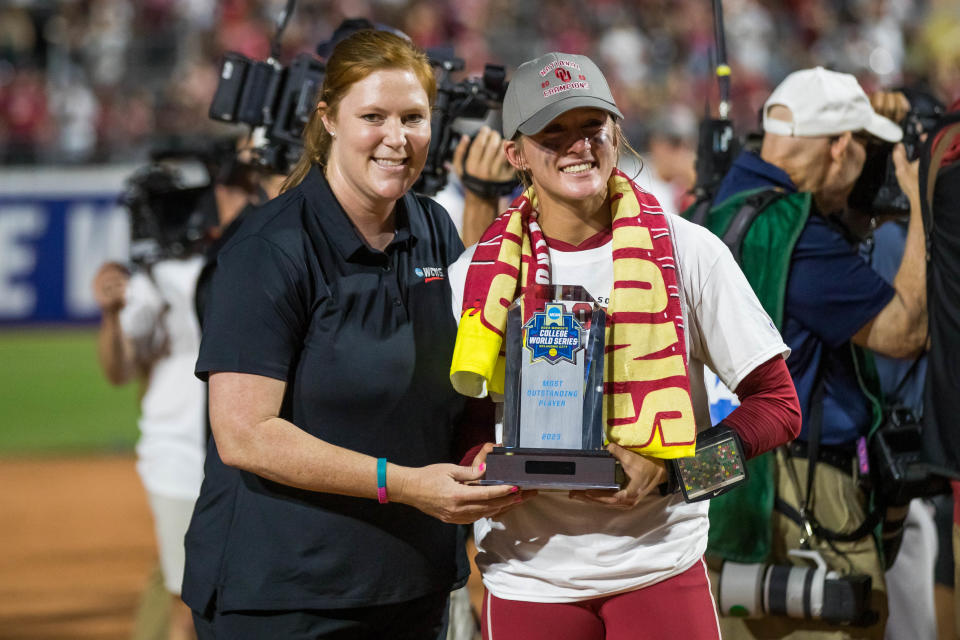 Oklahoma Sooners pitcher Jordyn Bahl poses with the Most Outstanding Player trophy after the Sooners won the 2023 National Championship at OGE Energy Field on Thursday.