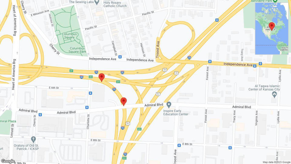 A detailed map that shows the affected road due to 'Broken down vehicle on eastbound I-70 in Kansas City' on September 18th at 4:44 p.m.