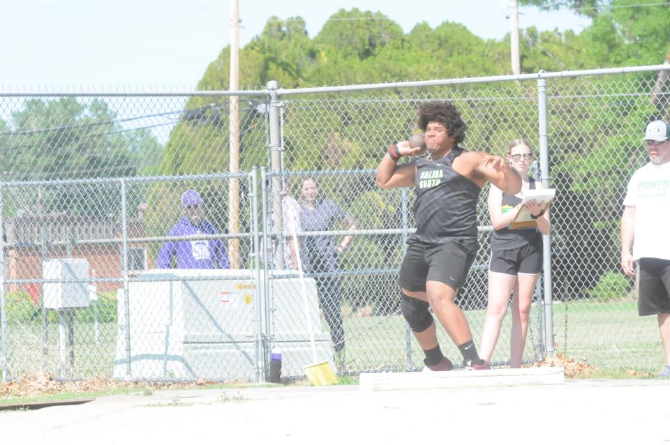 Salina South's Kayson Dietz prepares to throw the shot put during the AVCTL-I Championships Friday, May 13, 2022, at Salina Stadium.