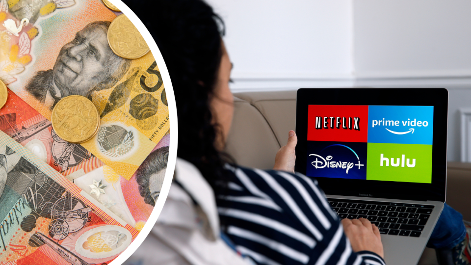 Australian money and a person looking at a laptop which is displaying various streaming sites like Netflix, Prime, Disney+ and hulu.