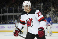 New Jersey Devils center Michael McLeod (20) reacts after scoring on New York Rangers goaltender Igor Shesterkin (31) in the second period of an NHL hockey game, Monday, Nov. 28, 2022, in New York. (AP Photo/John Minchillo)