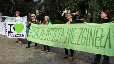 Enviorenmental activists protest in defense of the last primeval forests in Europe, Bialowieza forest, in Warsaw, Poland September 11, 2017. The green banner reads "The forest has not yet perished" Agencja Gazeta/Slawomir Kaminski via REUTERS