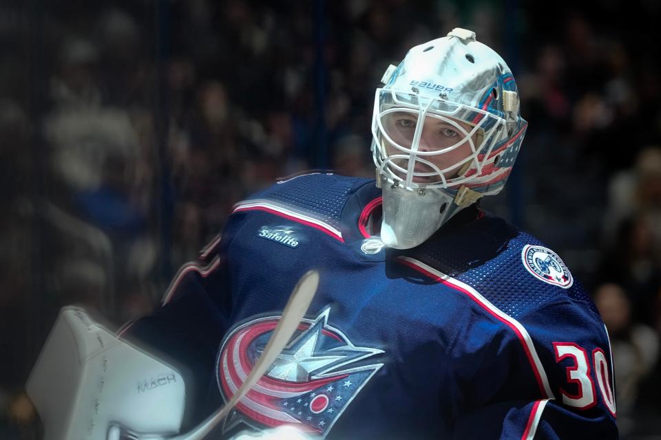 Jan 2, 2024; Columbus, Ohio, USA; Columbus Blue Jackets goaltender Spencer Martin (30) skates to the net prior to the second period of the NHL hockey game against the Boston Bruins at Nationwide Arena. The Blue Jackets lost 4-1.