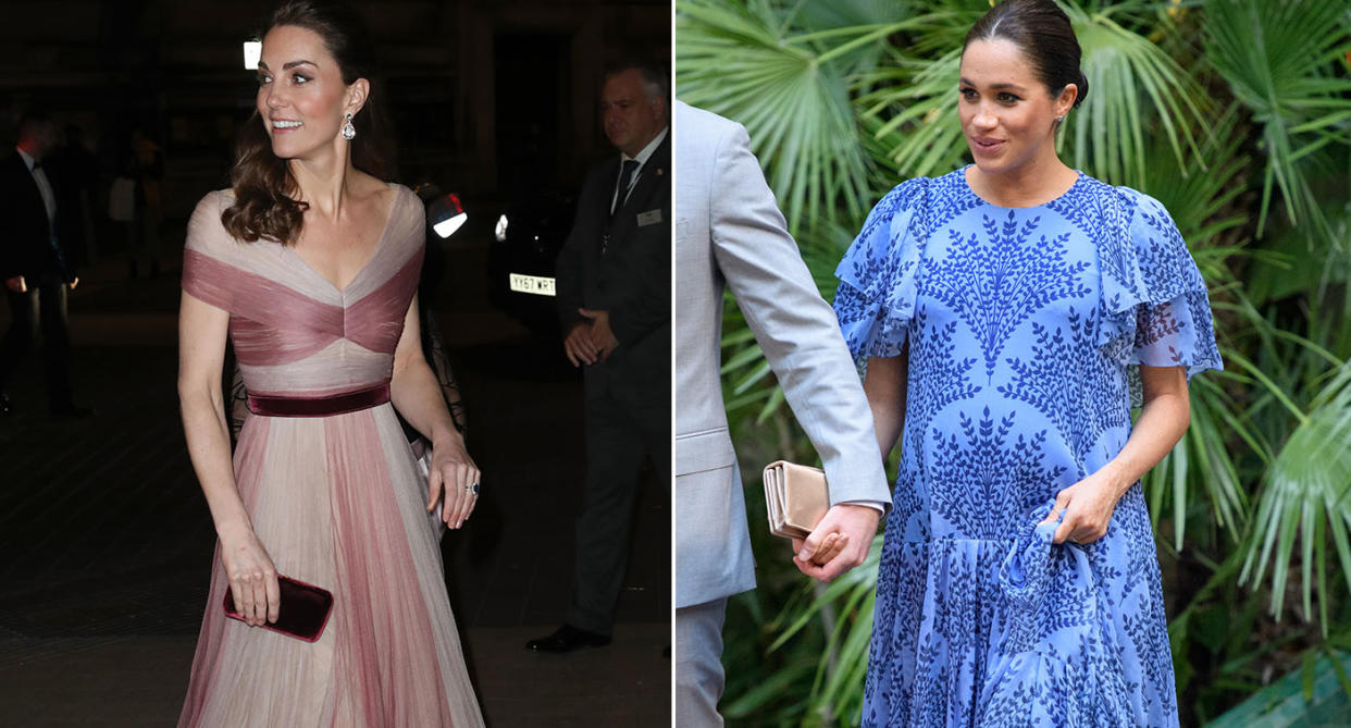 Kate wearing Gucci for the 100 Women in Finance gala and Meghan in Carolina Herrera in Morocco [Photos: Getty]